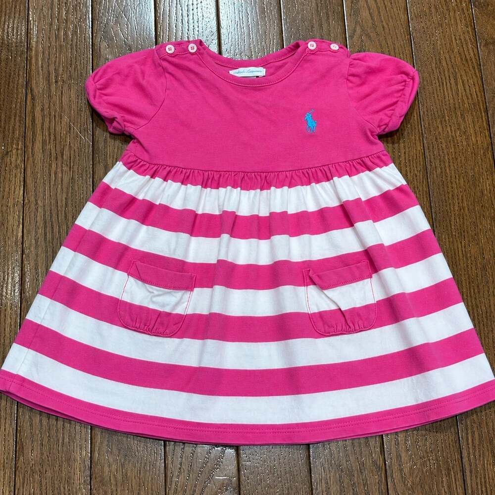 Ralph Lauren Baby Girls 18M Pink White Striped Cotton Pony Pocket Dress